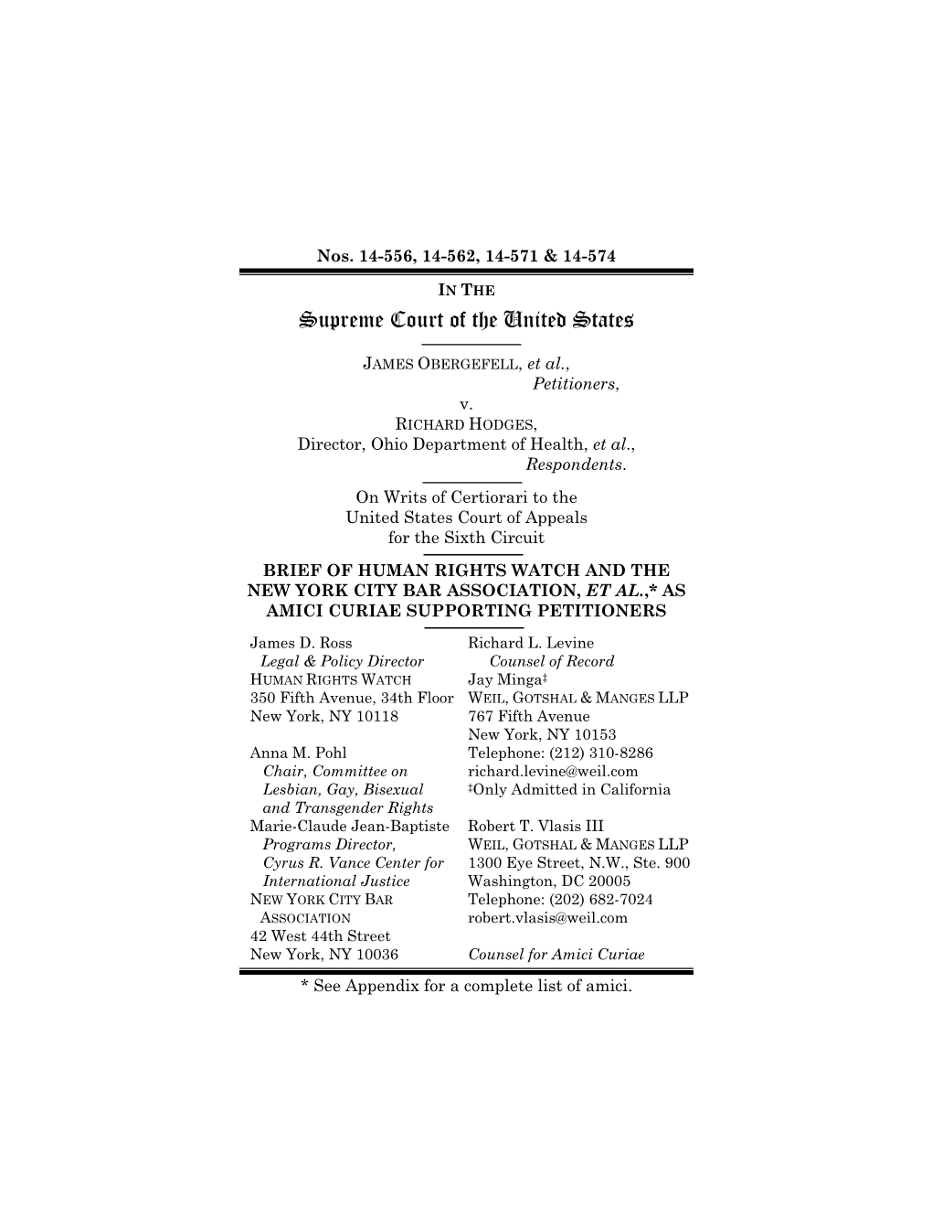 Brief of Human Rights Watch and the New York City Bar Association, Et Al.,* As Amici Curiae Supporting Petitioners