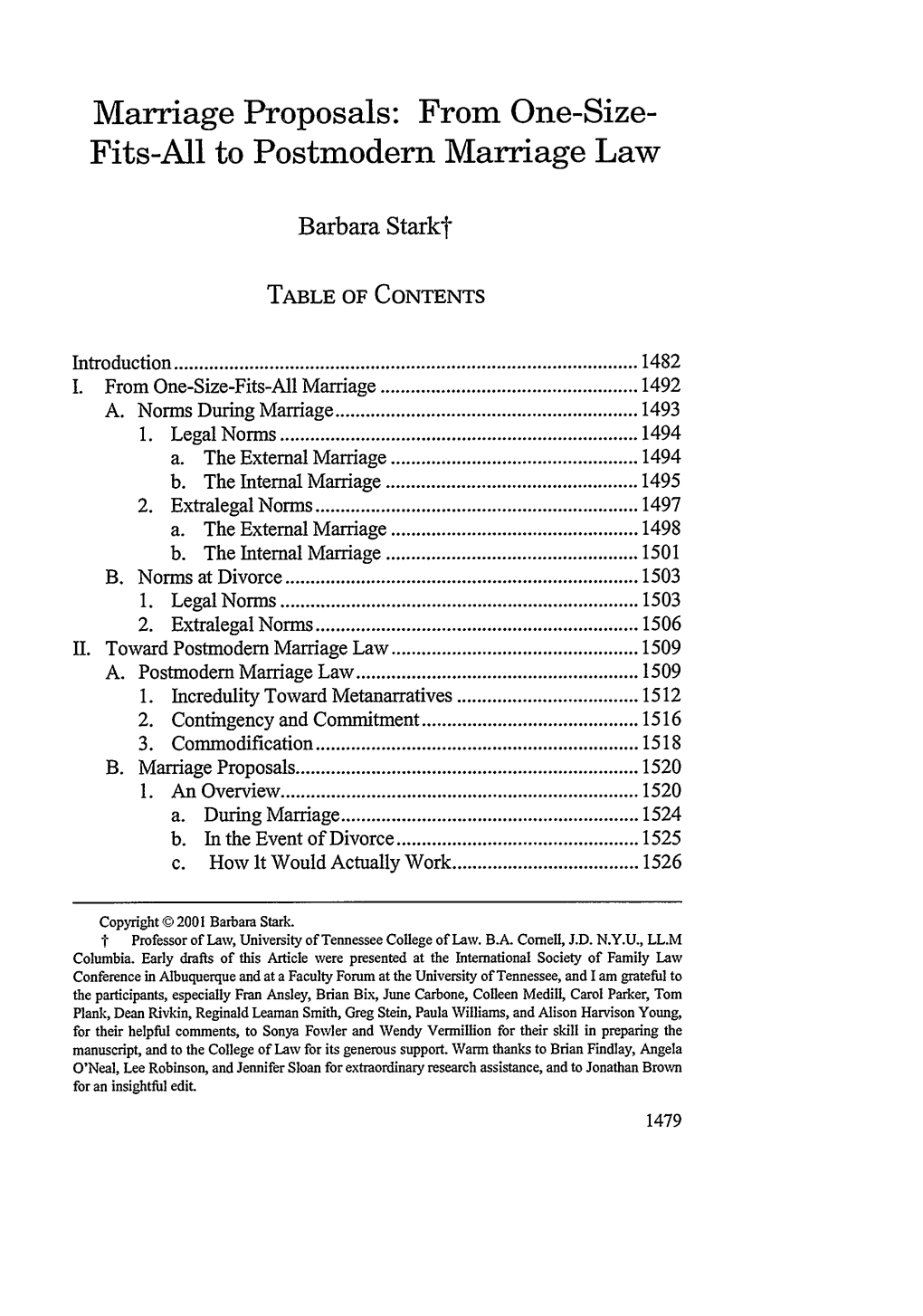 Marriage Proposals: from One-Size- Fits-All to Postmodern Marriage Law