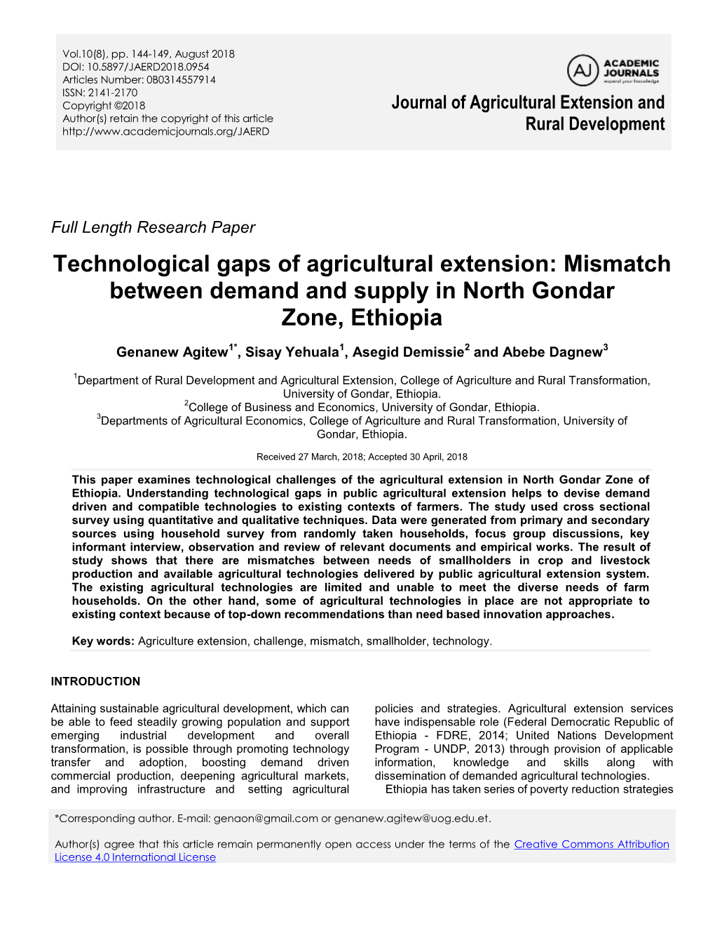 Technological Gaps of Agricultural Extension: Mismatch Between Demand and Supply in North Gondar Zone, Ethiopia