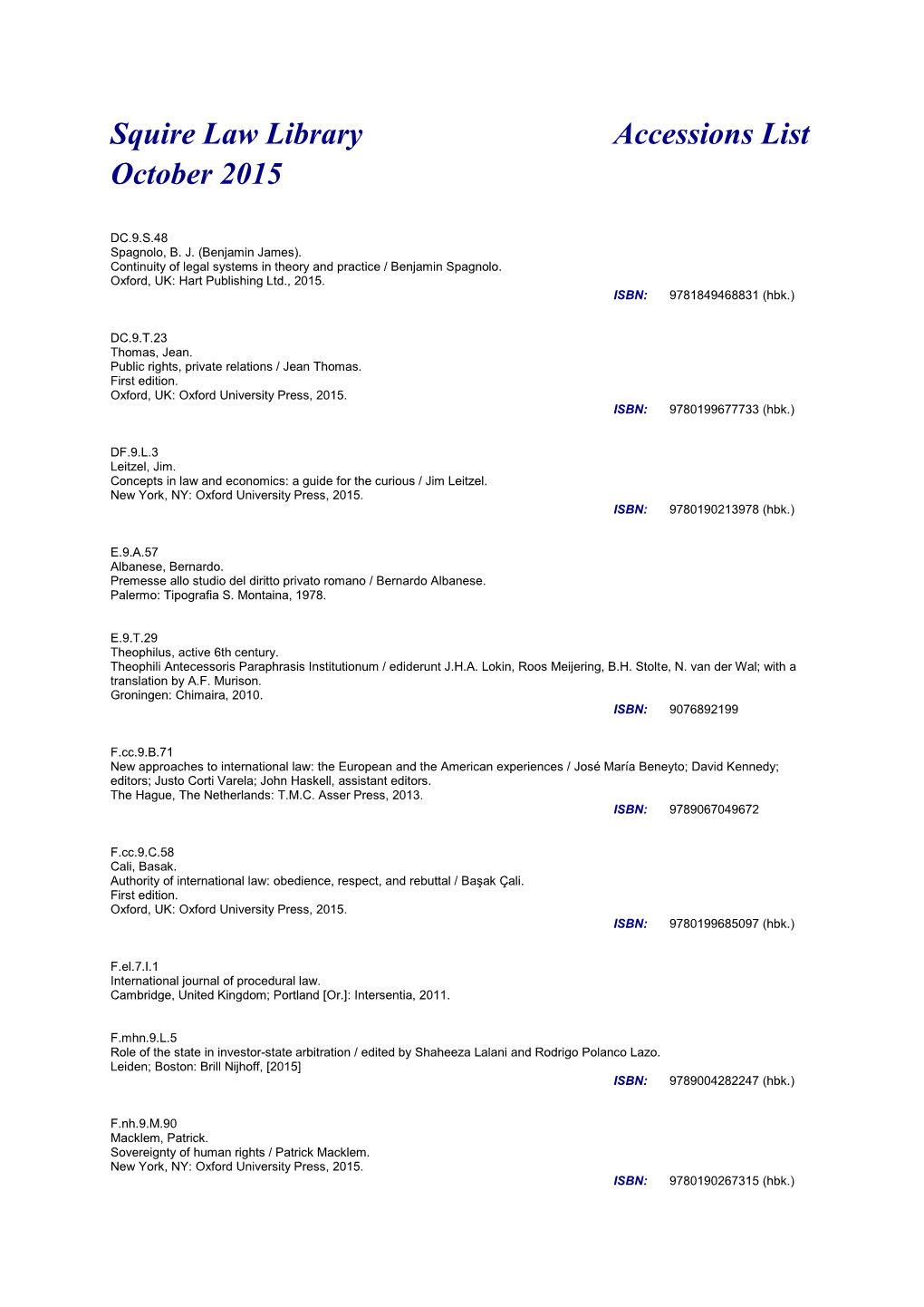 Squire Law Library Accessions List October 2015