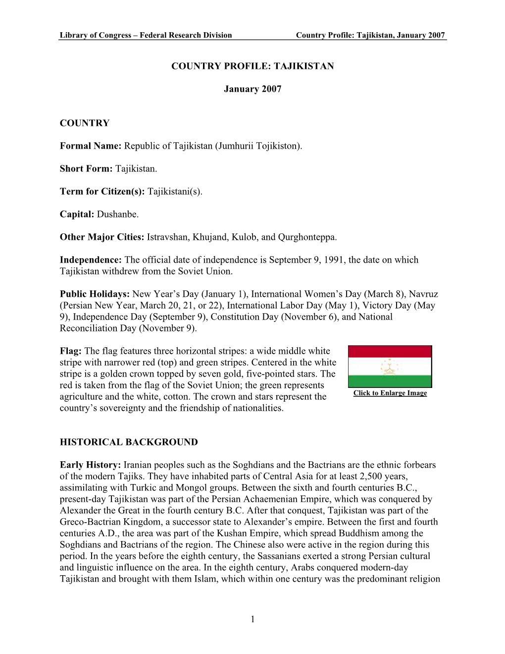 Federal Research Division Country Profile: Tajikistan, January 2007