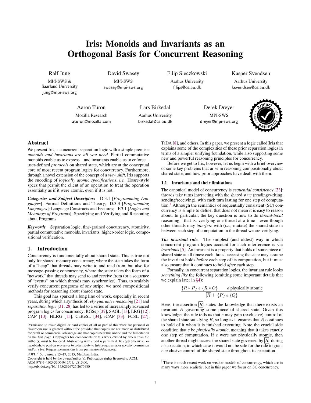 Iris: Monoids and Invariants As an Orthogonal Basis for Concurrent Reasoning