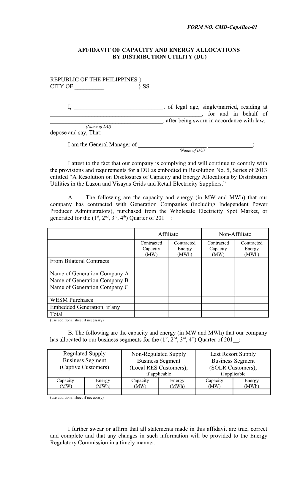 Affidavit of Capacity and Energy Allocations