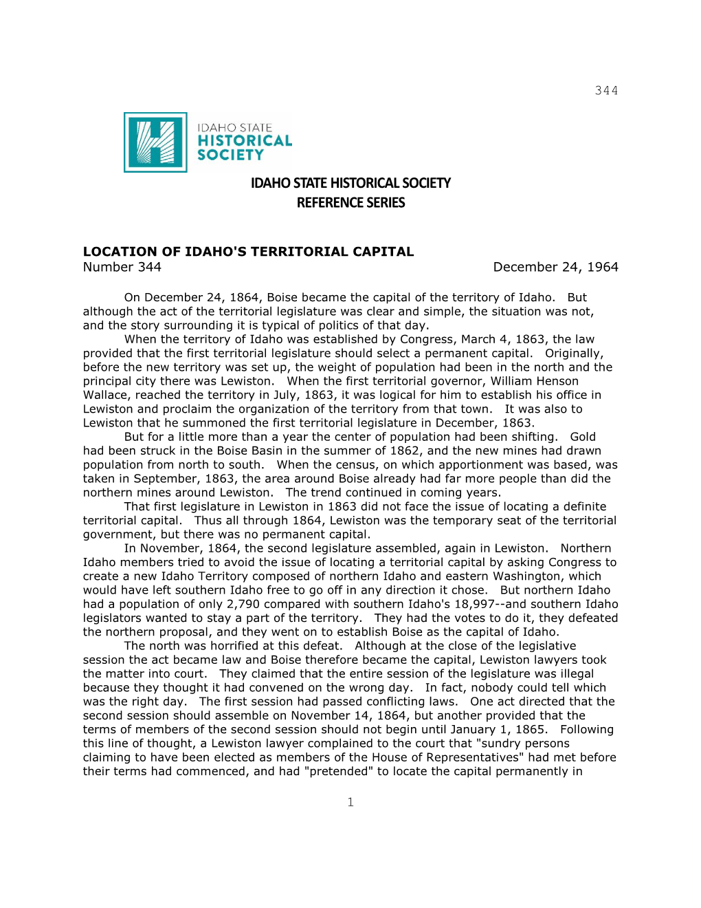 LOCATION of IDAHO's TERRITORIAL CAPITAL Number 344 December 24, 1964