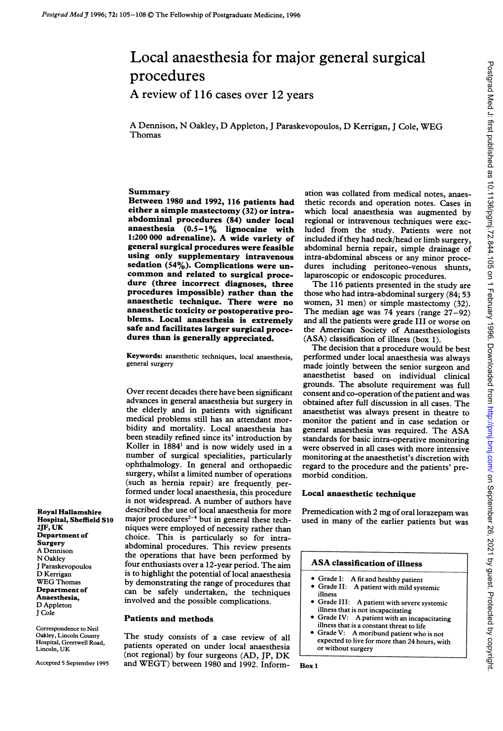 Local Anaesthesia for Major General Surgical Postgrad Med J: First Published As 10.1136/Pgmj.72.844.105 on 1 February 1996