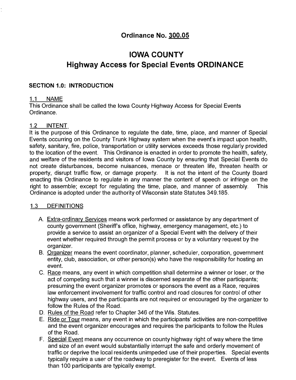 IOWA COUNTY Highway Access for Special Events ORDINANCE