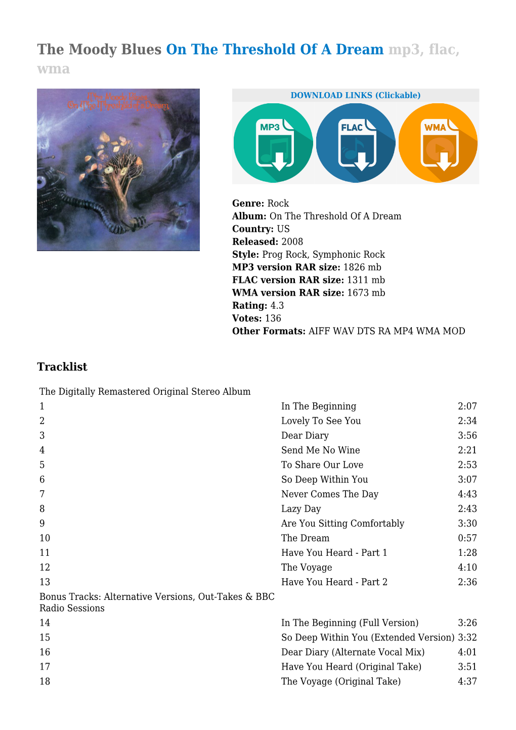 The Moody Blues on the Threshold of a Dream Mp3, Flac, Wma