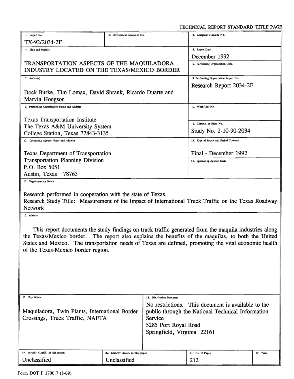 Transportation Aspects of the Maquiladora Industry Located on the Texas/Mexico Border