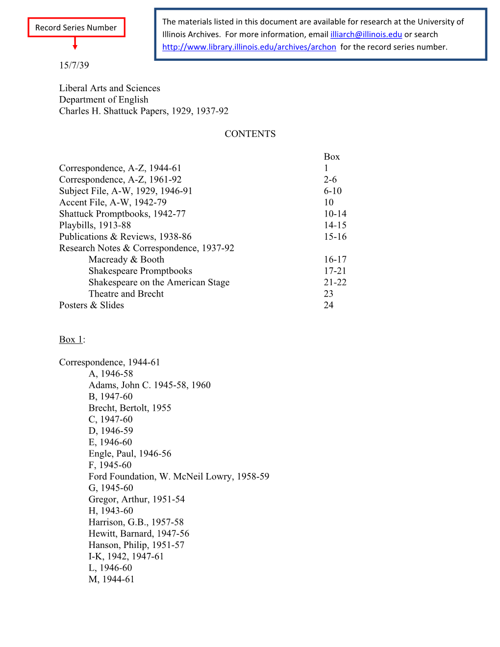 15/7/39 Liberal Arts and Sciences Department of English Charles H