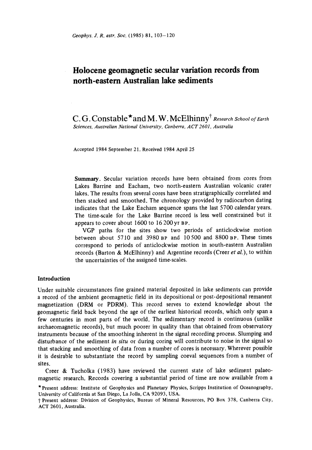 Holocene Geomagnetic Secular Variation Records from North-Eastern Australian Lake Sediments