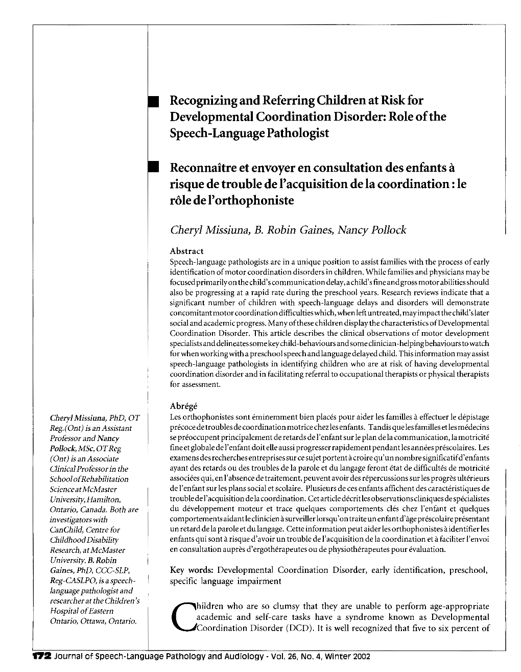 Recognizing and Referring Children at Risk for Developmental Coordination Disorder: Role of the Speech-Language Pathologist