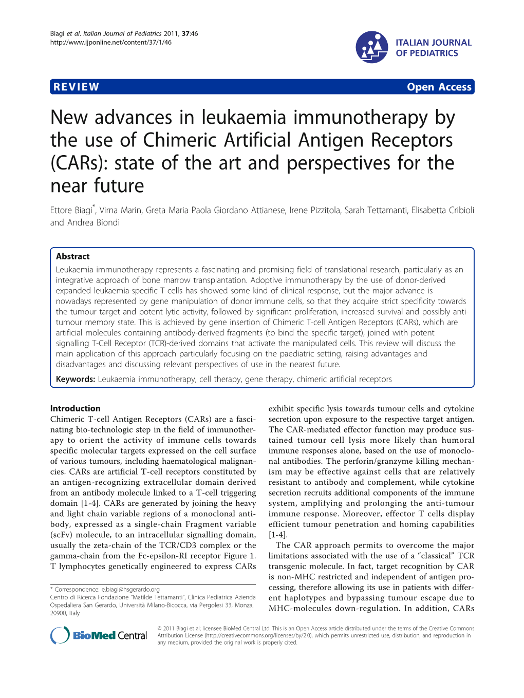 New Advances in Leukaemia Immunotherapy by the Use of Chimeric Artificial Antigen Receptors
