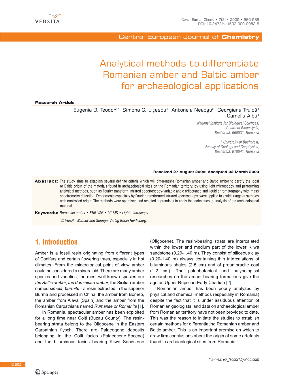 Analytical Methods to Differentiate Romanian Amber and Baltic Amber for Archaeological Applications