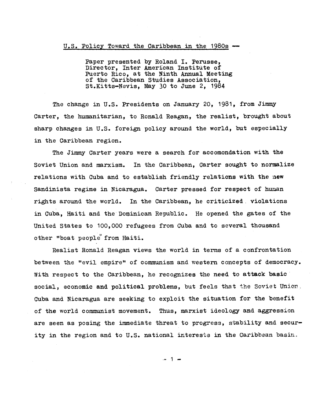 U.S. Policy Toward the Caribbean in the 1980S
