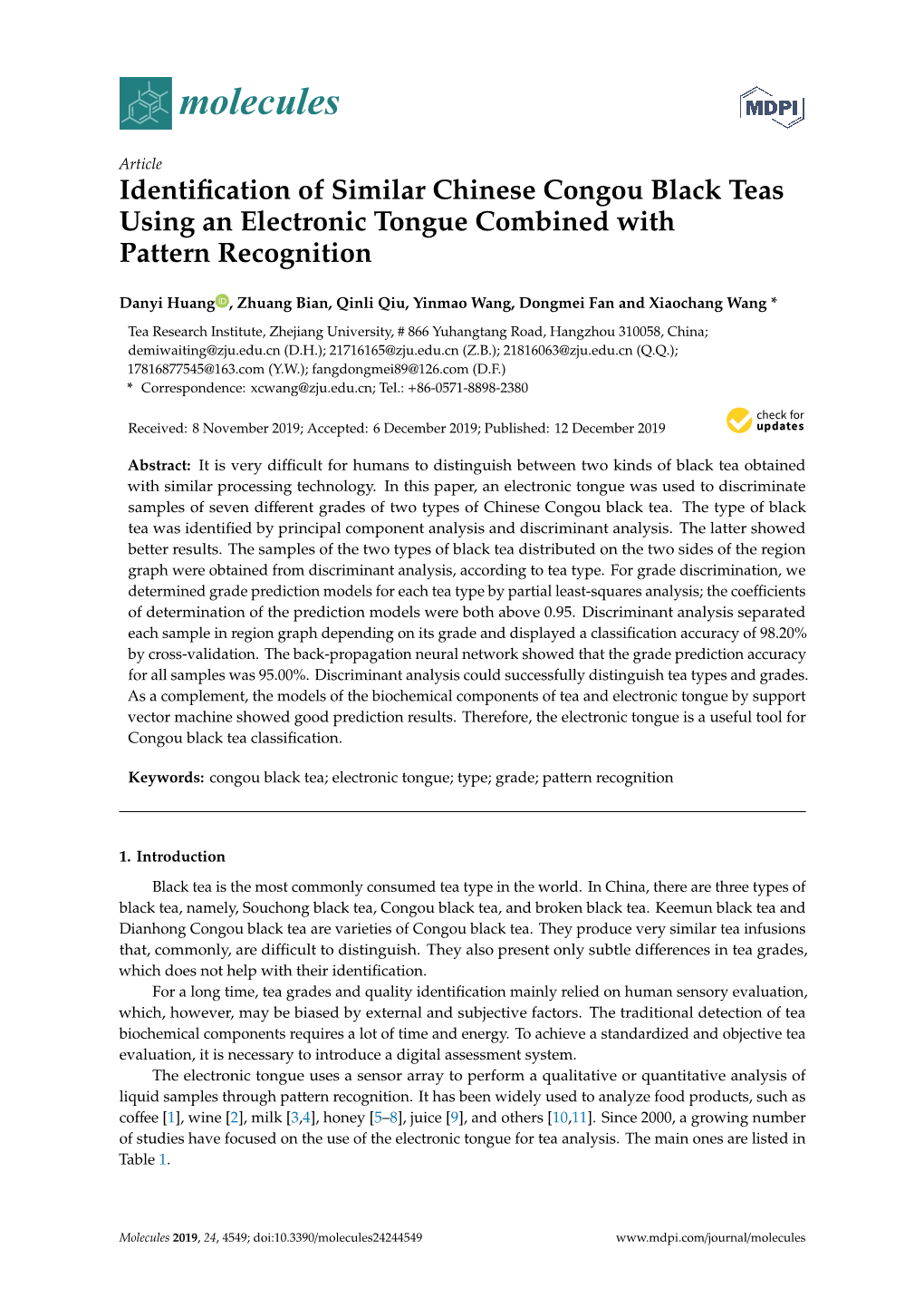 Identification of Similar Chinese Congou Black Teas Using An