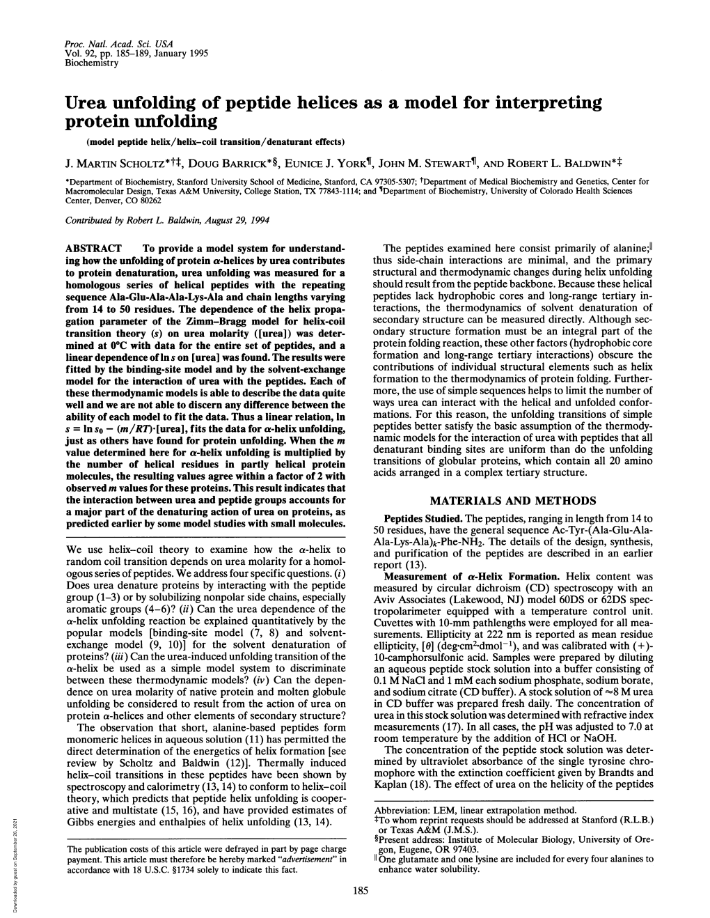 Protein Unfolding (Model Peptide Helix/Helix-Coil Transition/Denaturant Effects) J