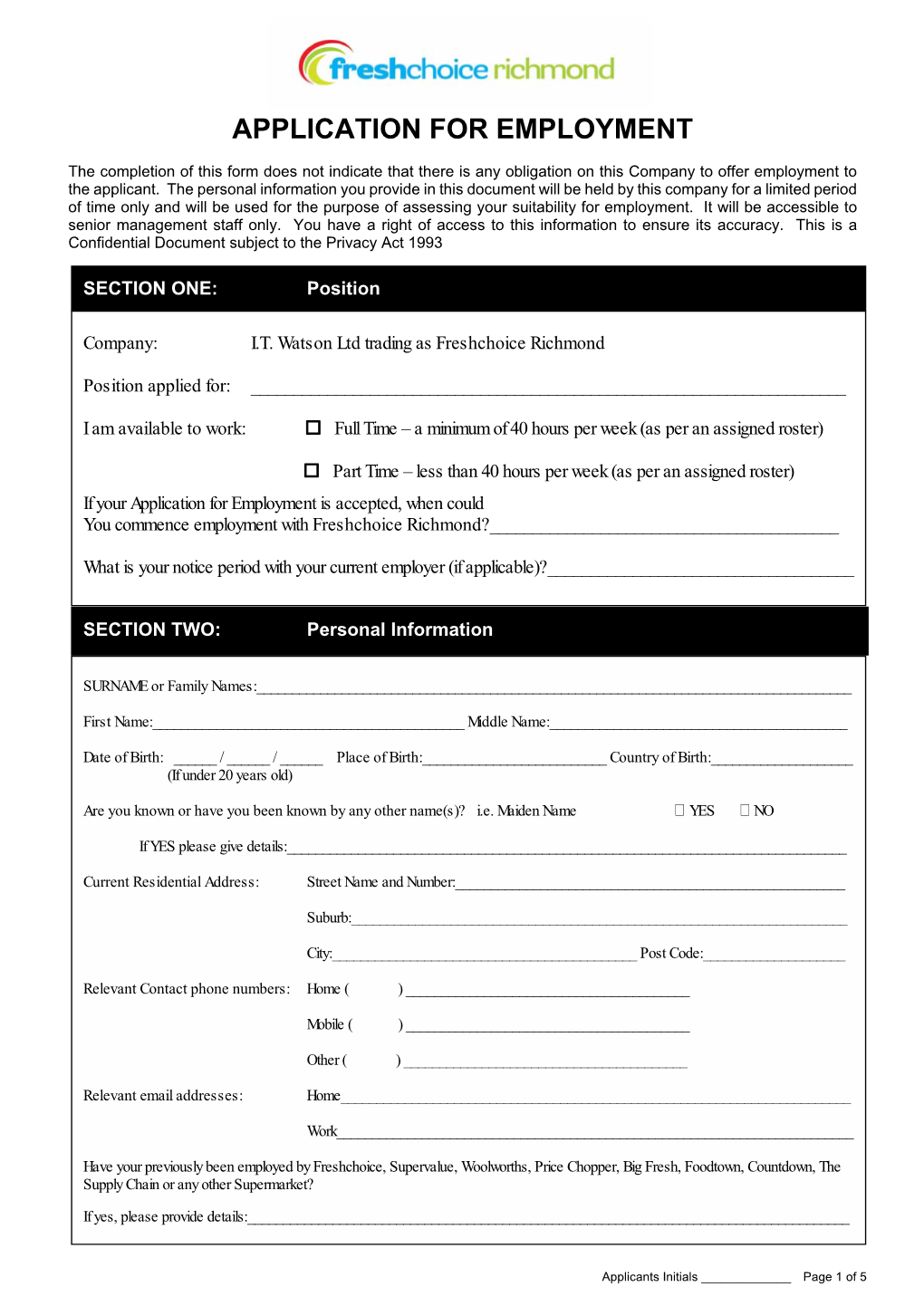 Application for Employment