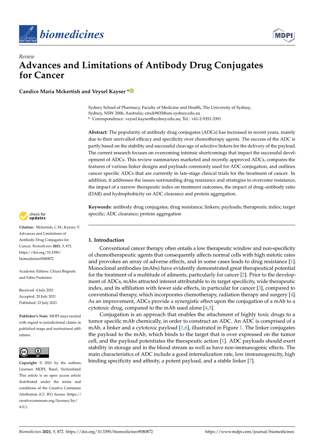 Advances and Limitations of Antibody Drug Conjugates for Cancer