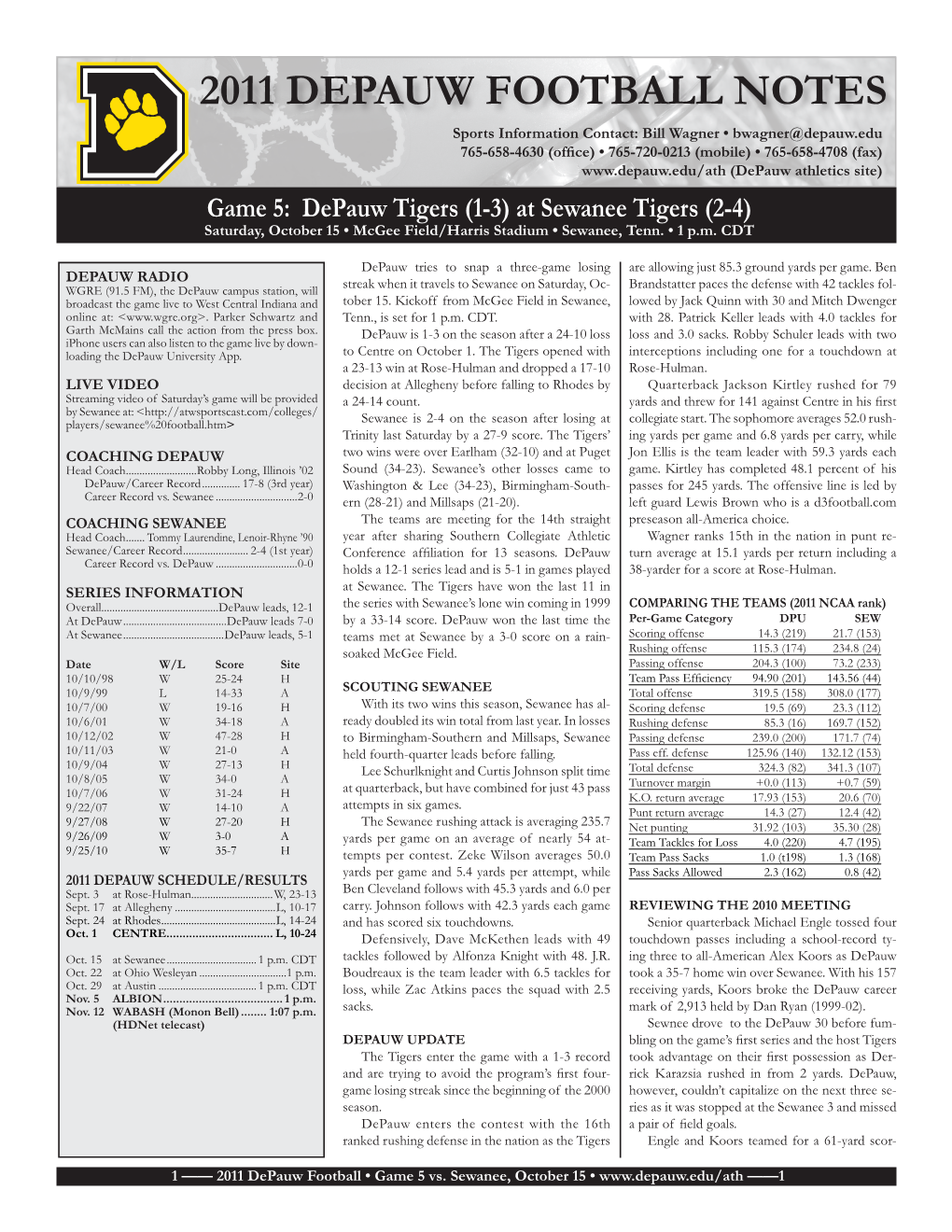 2011 Depauw Football Notes