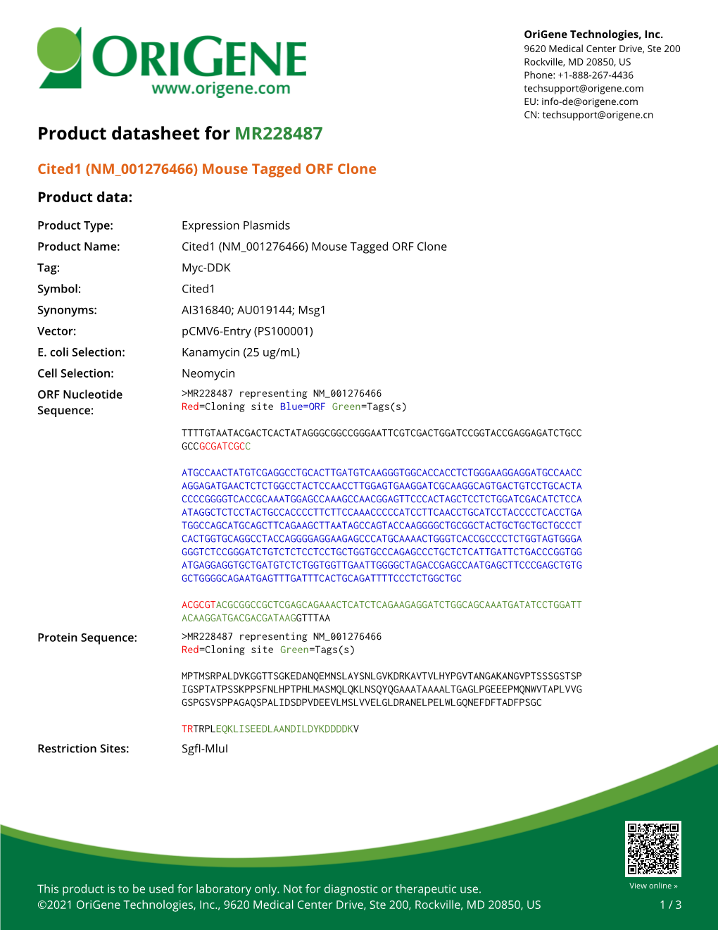 Cited1 (NM 001276466) Mouse Tagged ORF Clone Product Data