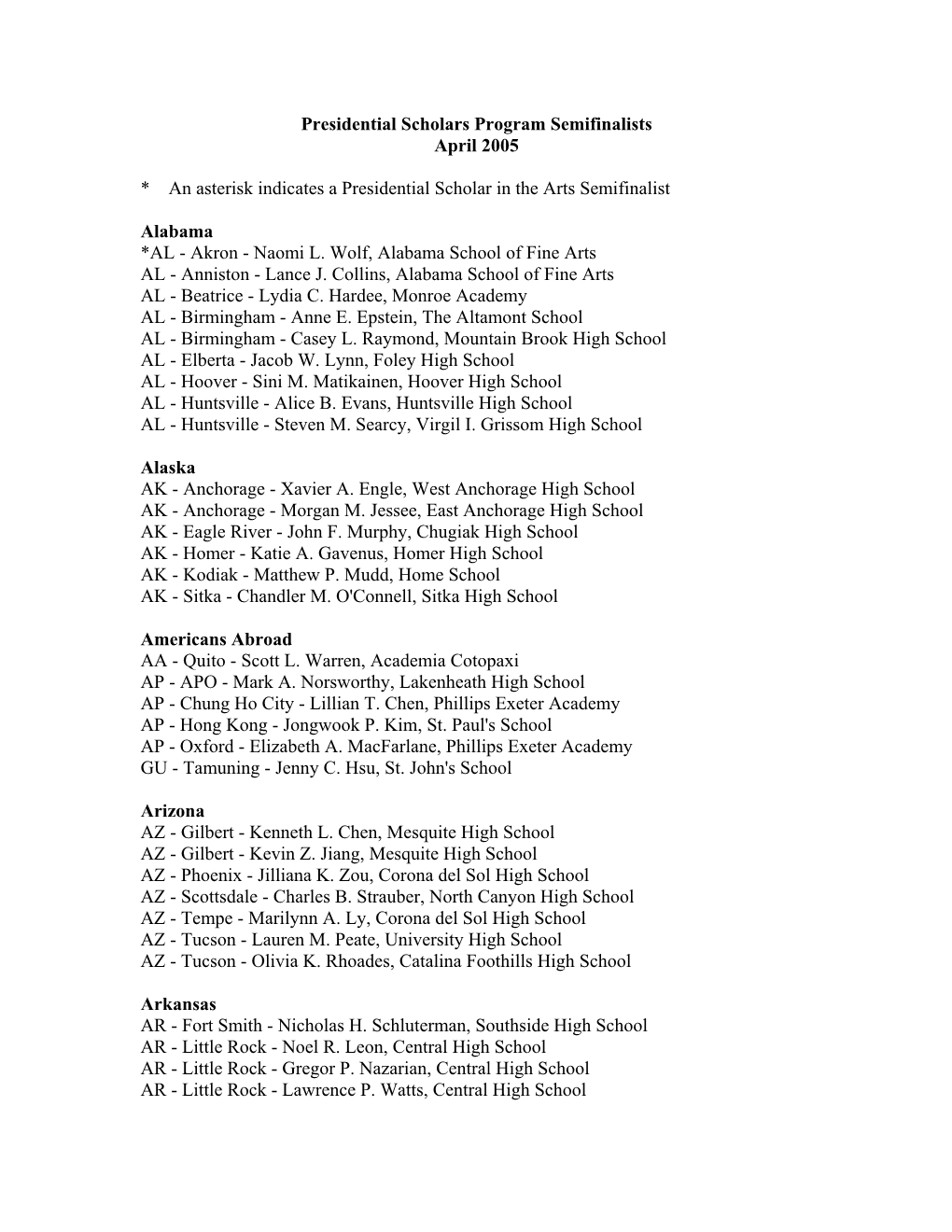 Semifinalists for the Presidential Scholars Program (2005) (PDF)