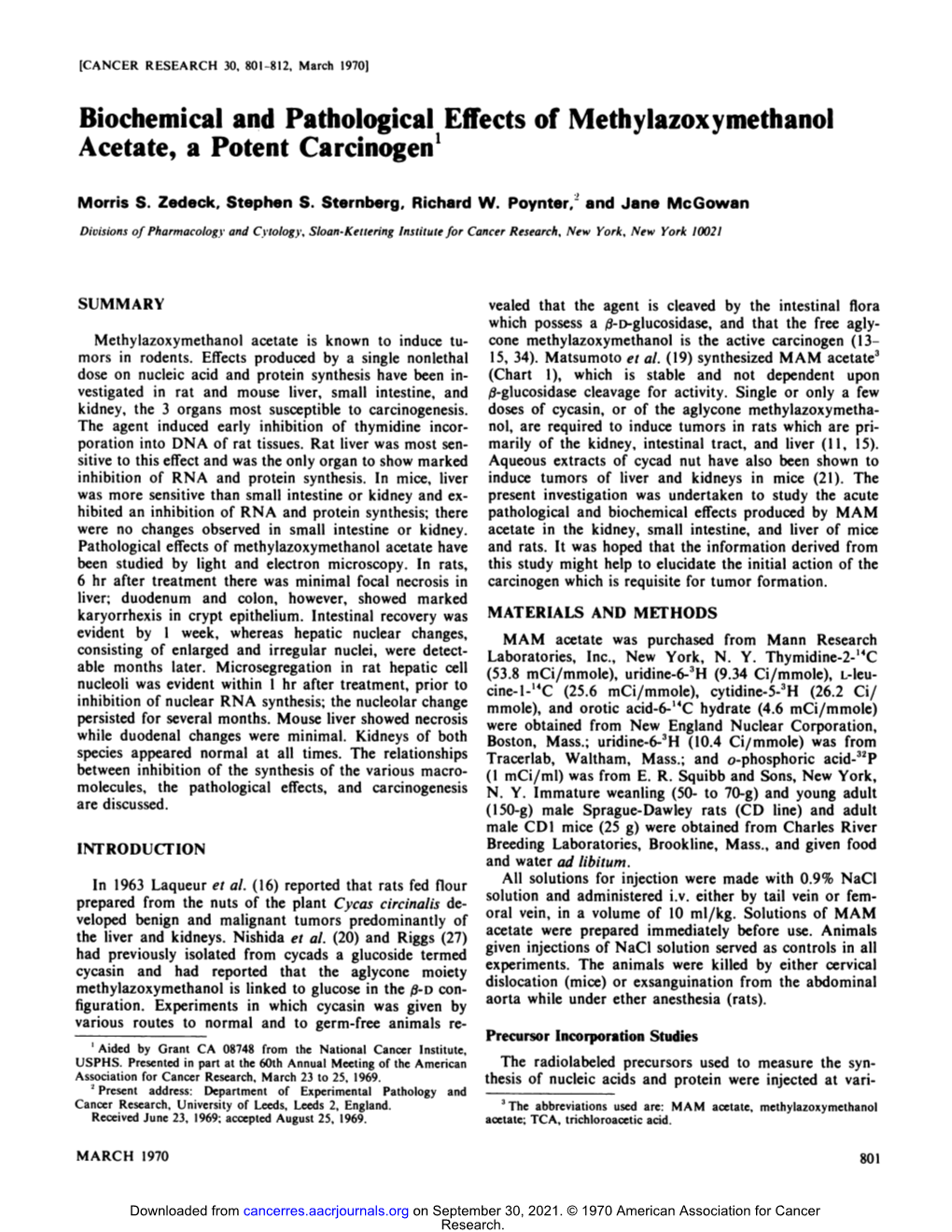 Biochemical and Pathological Effects of Methylazoxymethanol Acetate, a Potent Carcinogen1