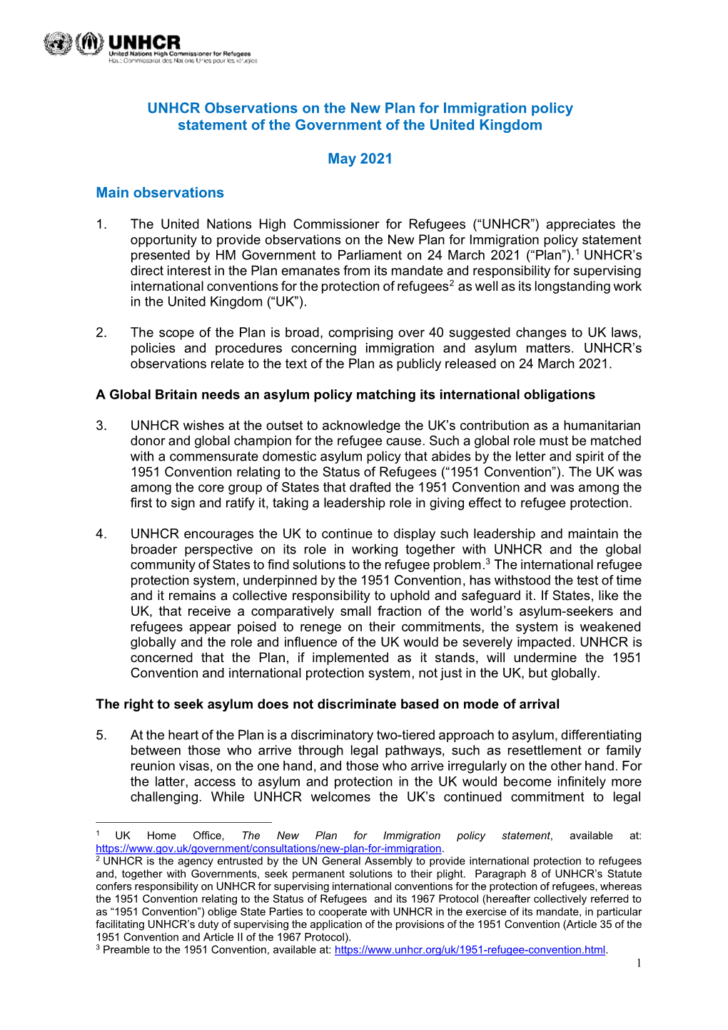 UNHCR Observations on the New Plan for Immigration Policy Statement of the Government of the United Kingdom