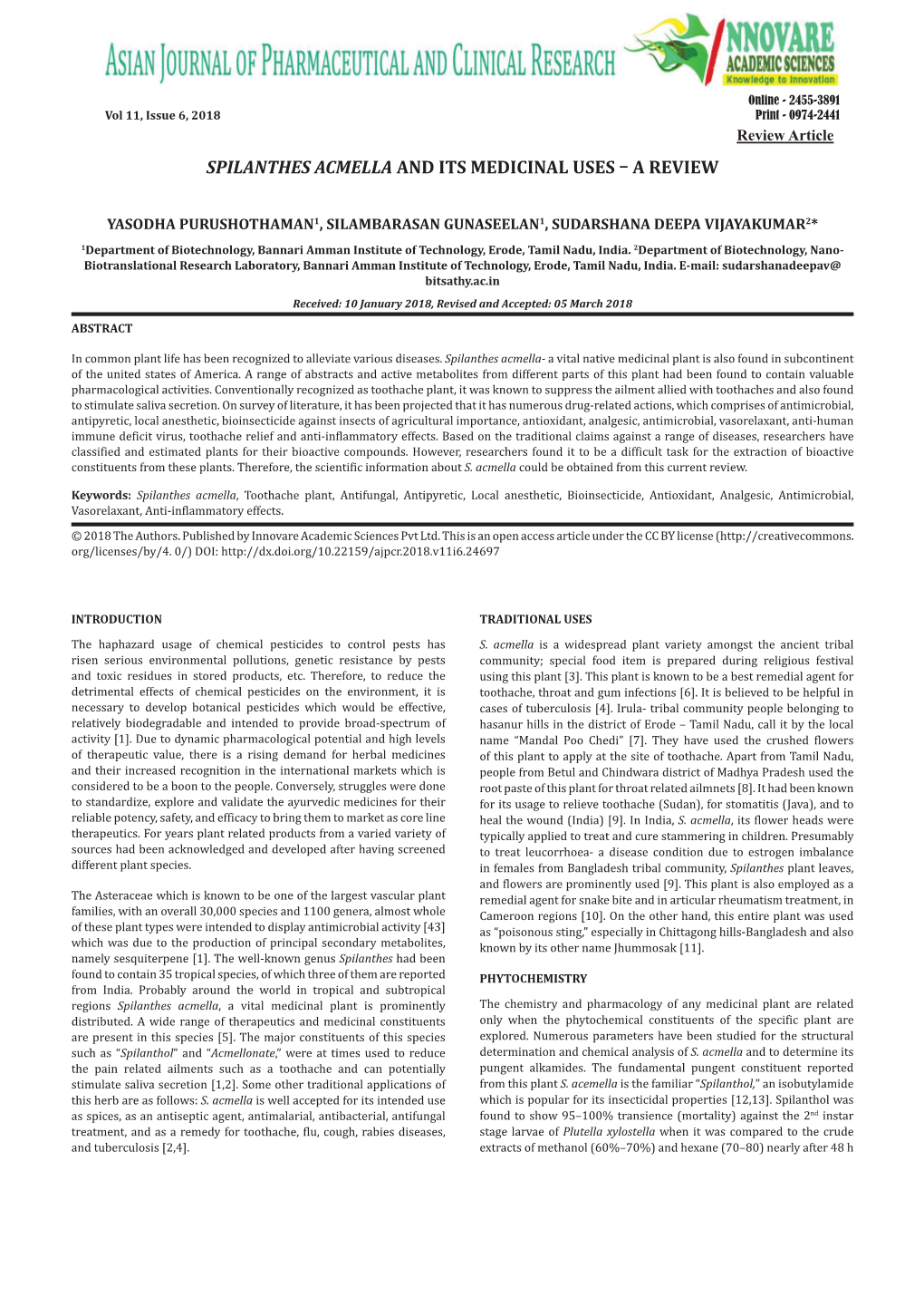 Spilanthes Acmella and Its Medicinal Uses – a Review