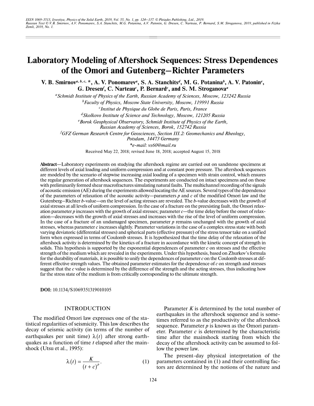 Laboratory Modeling of Aftershock Sequences: Stress Dependences of the Omori and Gutenberg–Richter Parameters V