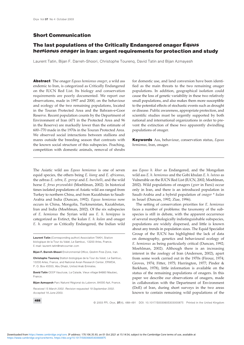 The Last Populations of the Critically Endangered Onager Equus Hemionus Onager in Iran: Urgent Requirements for Protection and Study