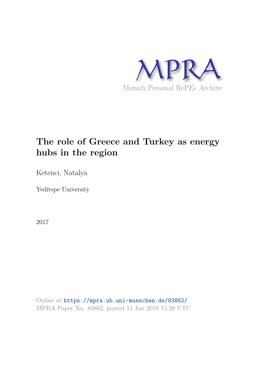 The Role of Turkey As Energy Hub in the Greek REPEC