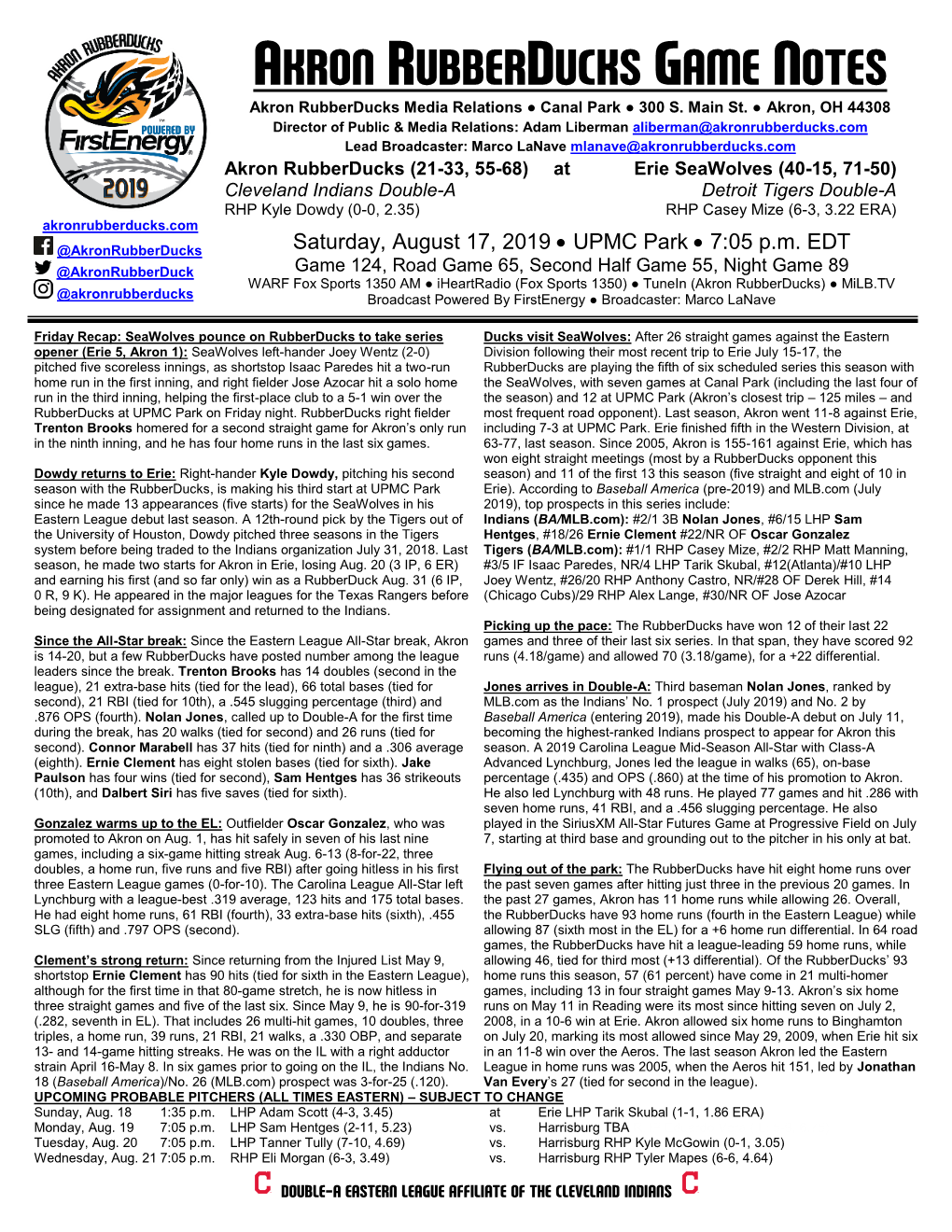 AKRON RUBBERDUCKS GAME NOTES Akron Rubberducks Media Relations ● Canal Park ● 300 S