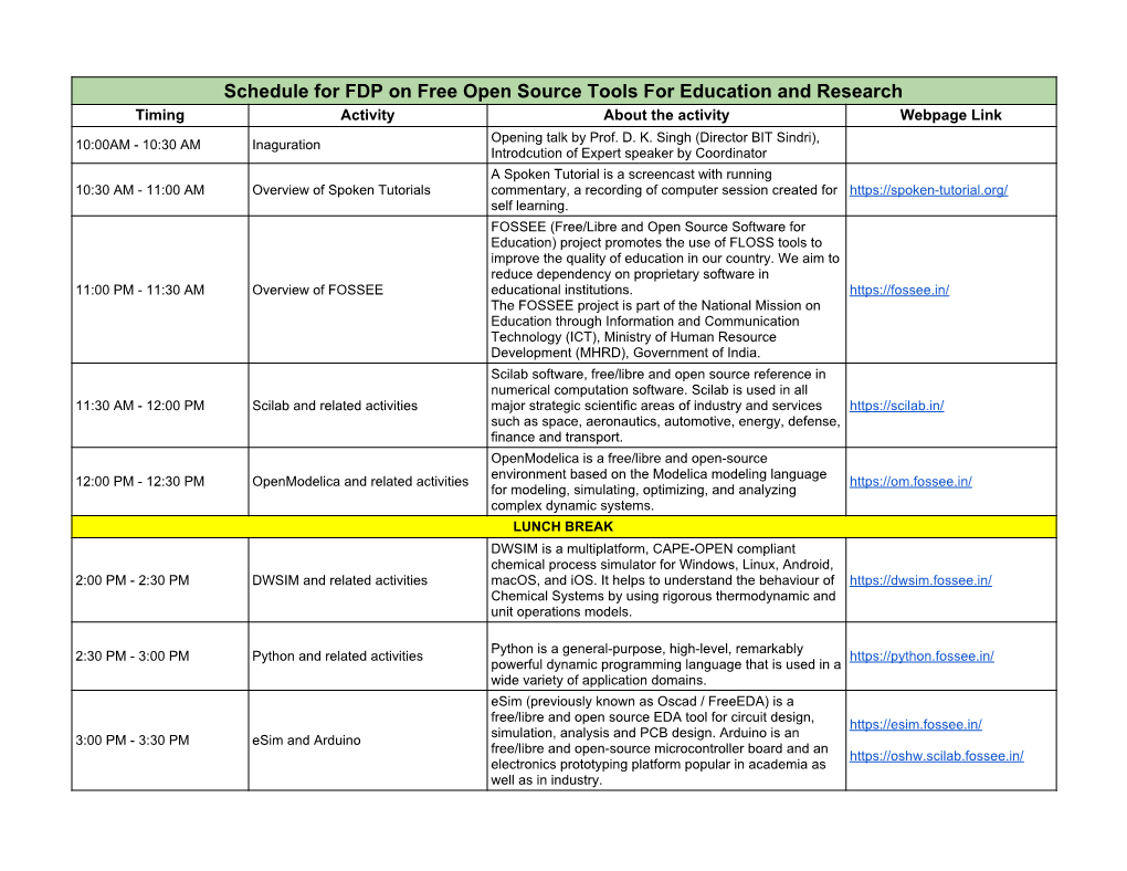 Schedule for FDP on Free Open Source Tools for Education and Research Timing Activity About the Activity Webpage Link Opening Talk by Prof