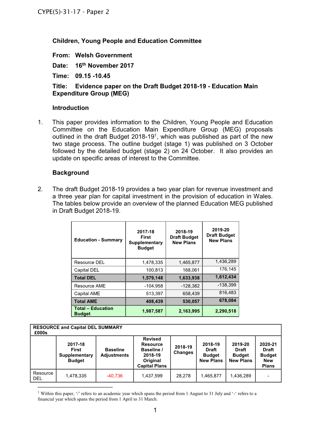 Welsh Government Paper to the CYPE Committee on the Education