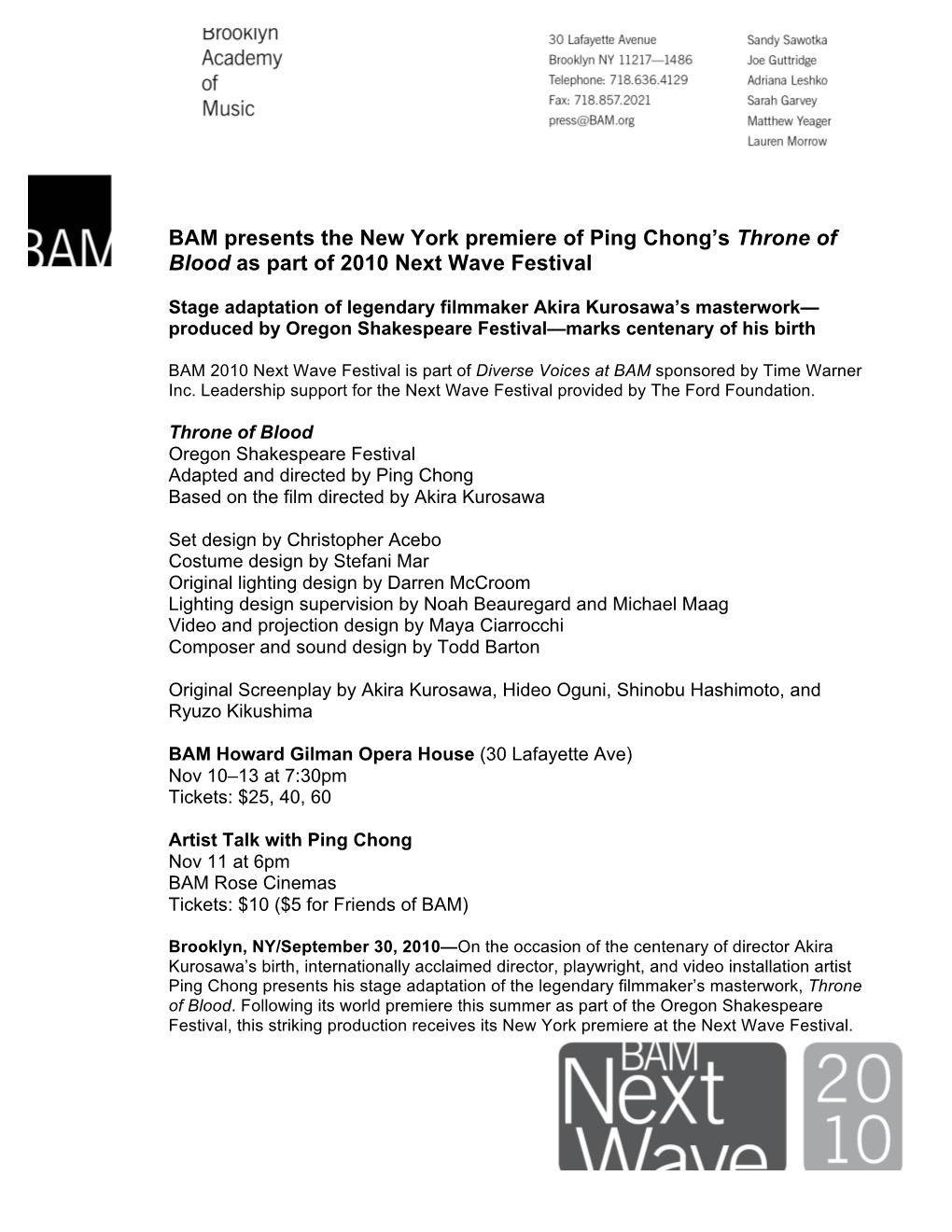 BAM Presents the New York Premiere of Ping Chong's Throne Of