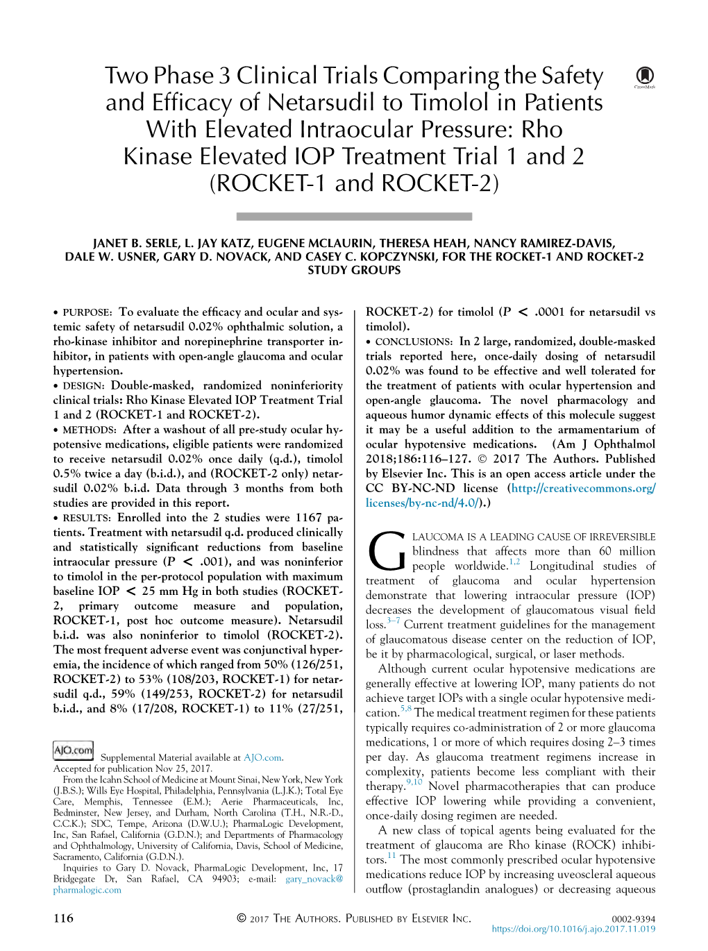 Two Phase 3 Clinical Trials Comparing the Safety and Efficacy of Netarsudil to Timolol in Patients with Elevated Intraocular