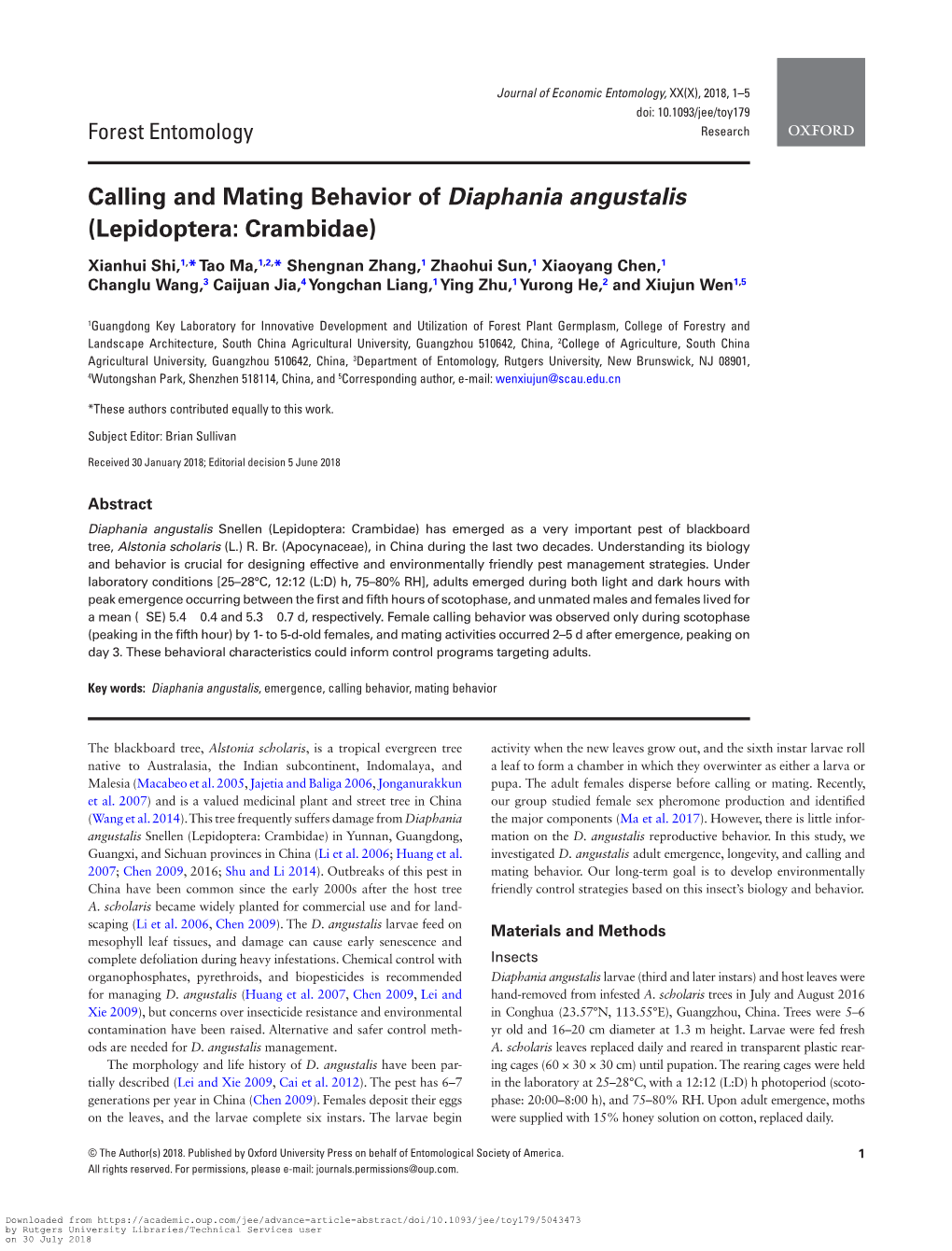 Calling and Mating Behavior of Diaphania Angustalis (Lepidoptera: Crambidae)