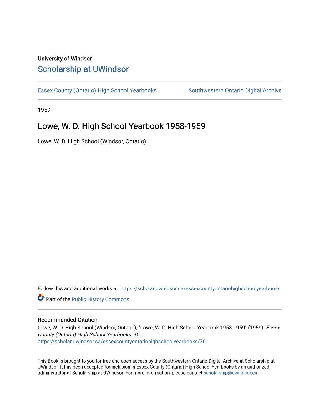 Lowe, W. D. High School Yearbook 1958-1959