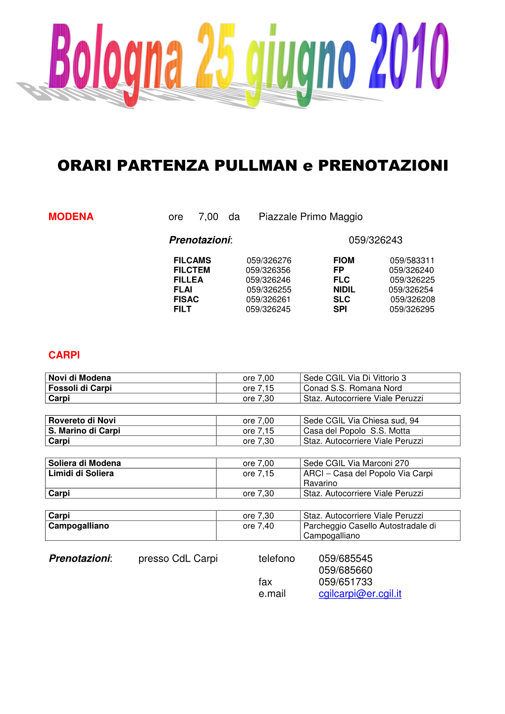 ORARI PARTENZA PULLMAN E PRENOTAZIONI