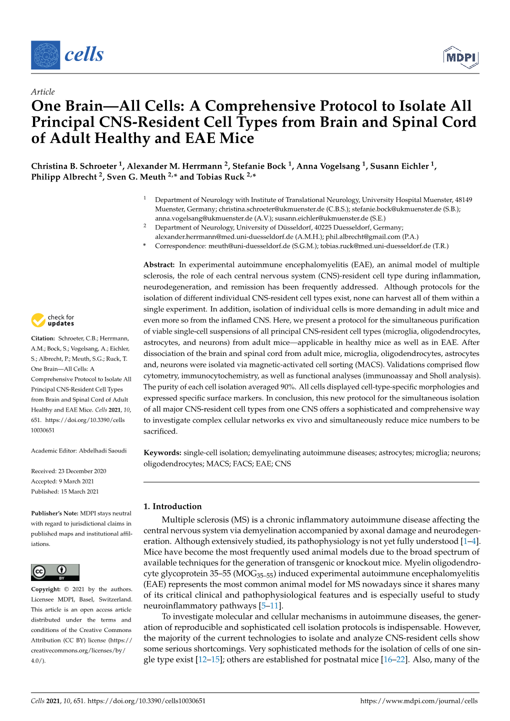 One Brain—All Cells: a Comprehensive Protocol to Isolate All Principal CNS-Resident Cell Types from Brain and Spinal Cord of Adult Healthy and EAE Mice