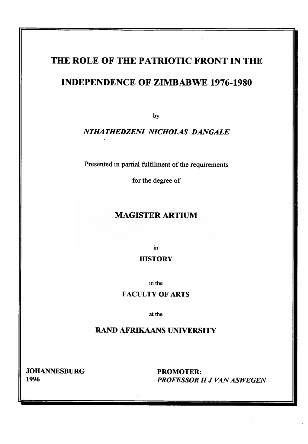 The Role of the Patriotic Front in the Independence of Zimbabwe, 1976