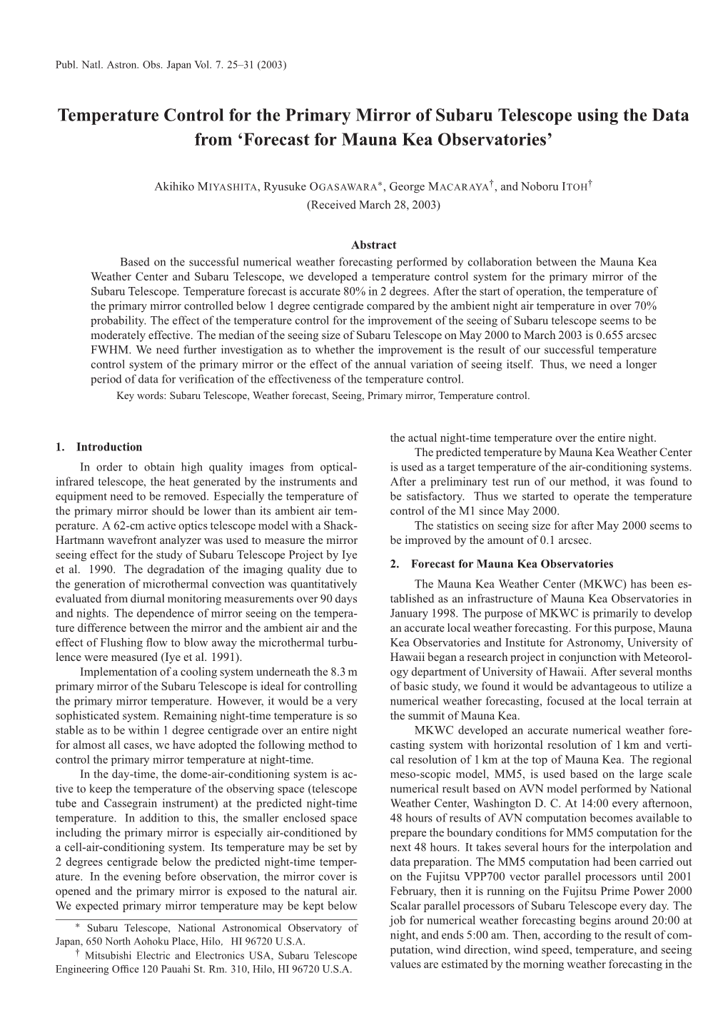 Temperature Control for the Primary Mirror of Subaru Telescope Using the Data from 'Forecast for Mauna Kea Observatories'