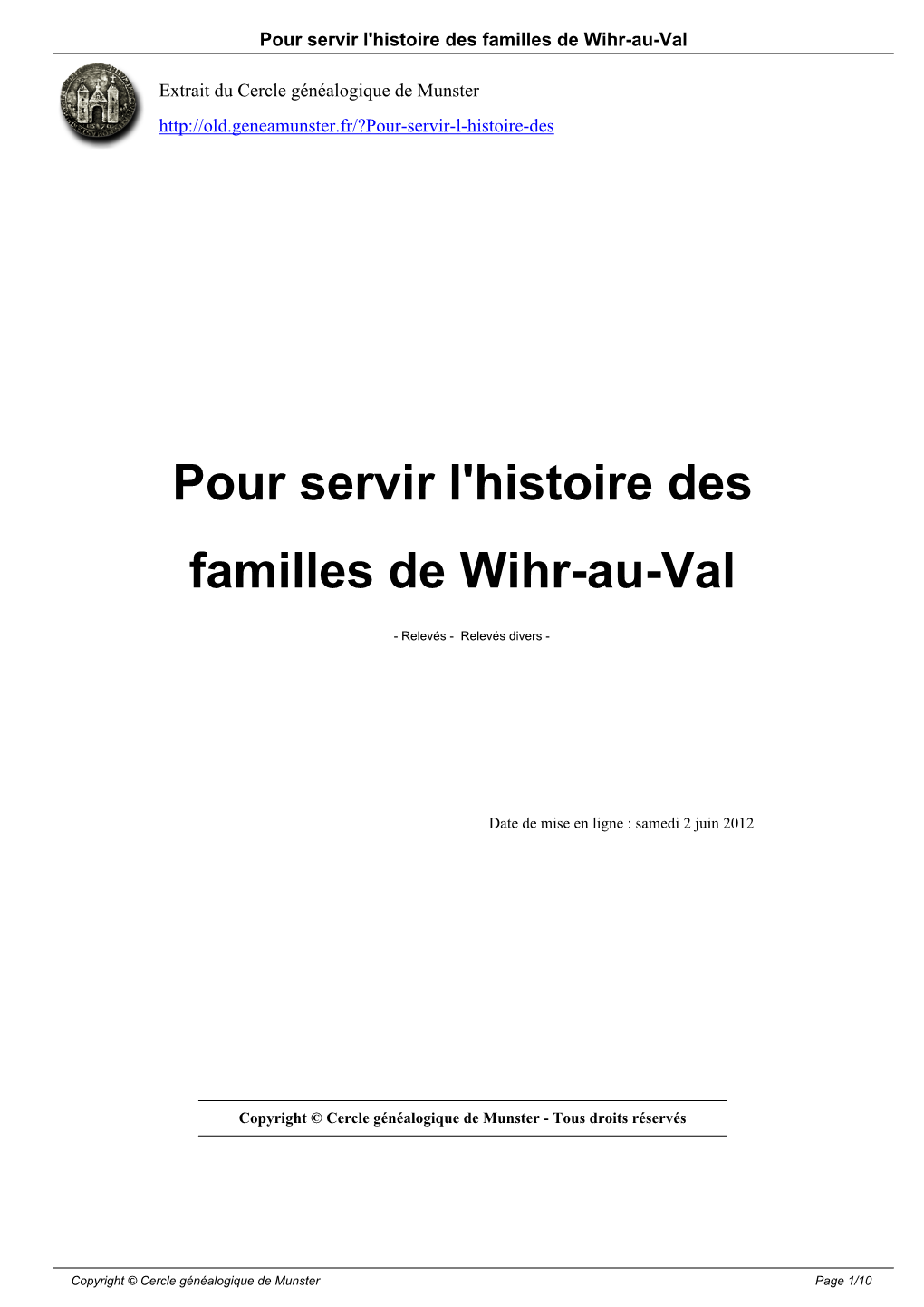 Pour Servir L'histoire Des Familles De Wihr-Au-Val