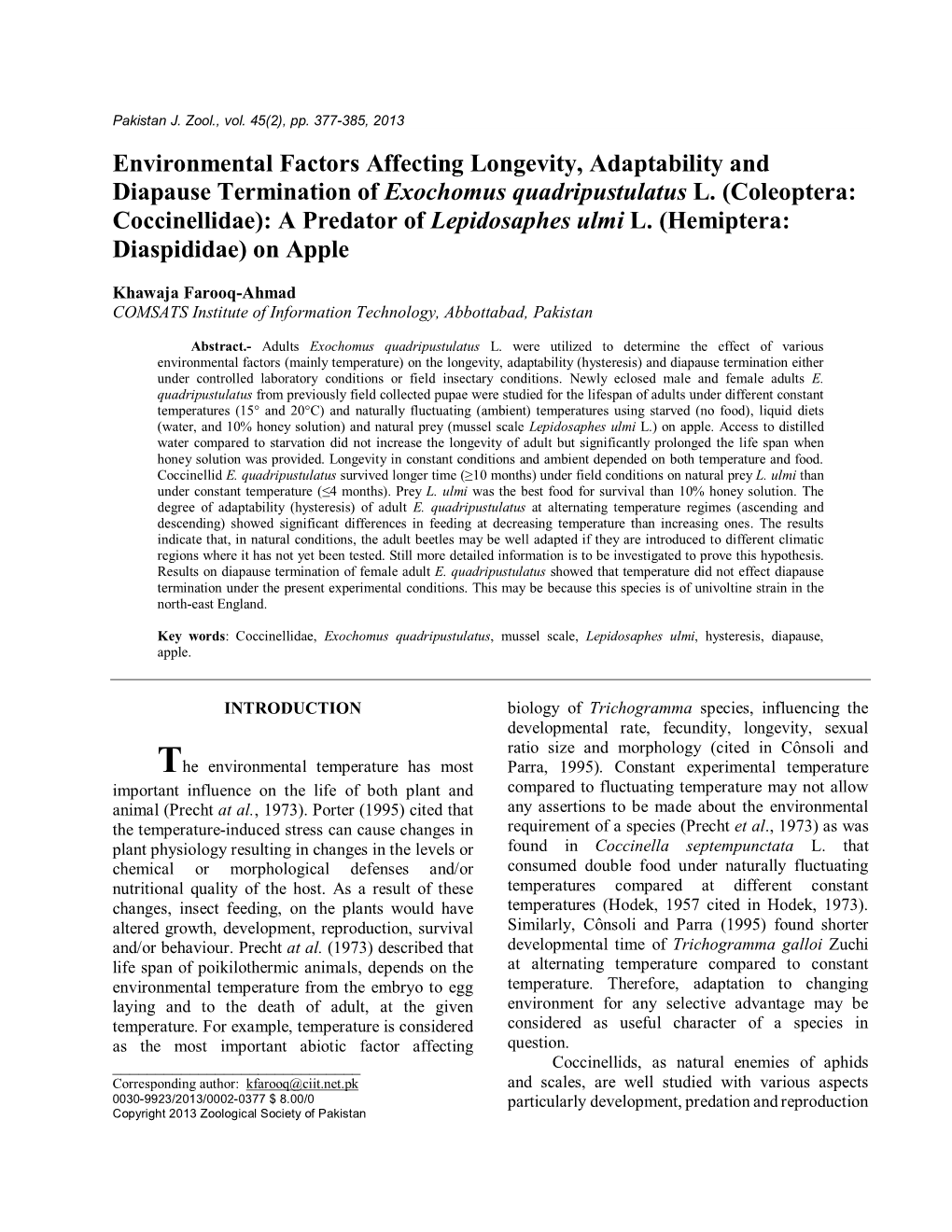 Environmental Factors Affecting Longevity, Adaptability and Diapause Termination of Exochomus Quadripustulatus L