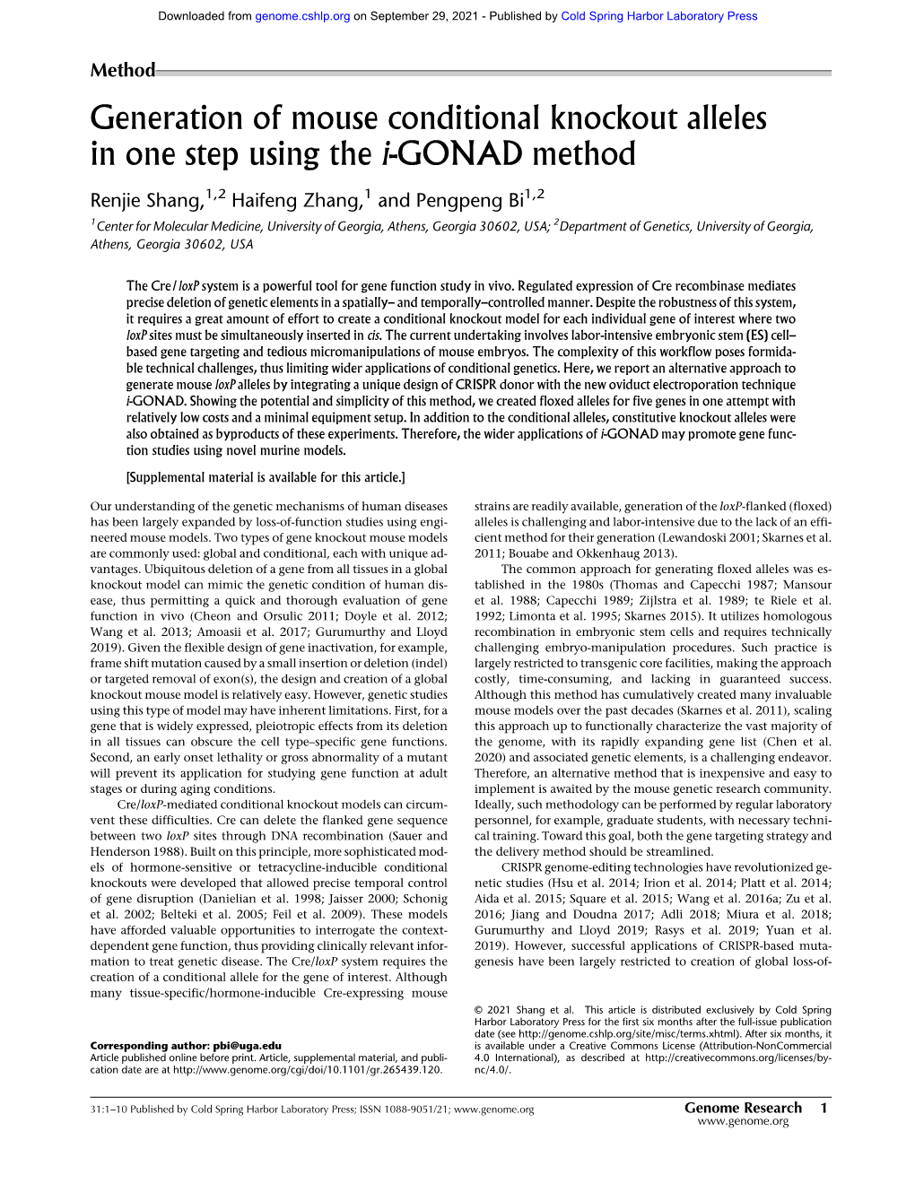 Generation of Mouse Conditional Knockout Alleles in One Step Using the I-GONAD Method