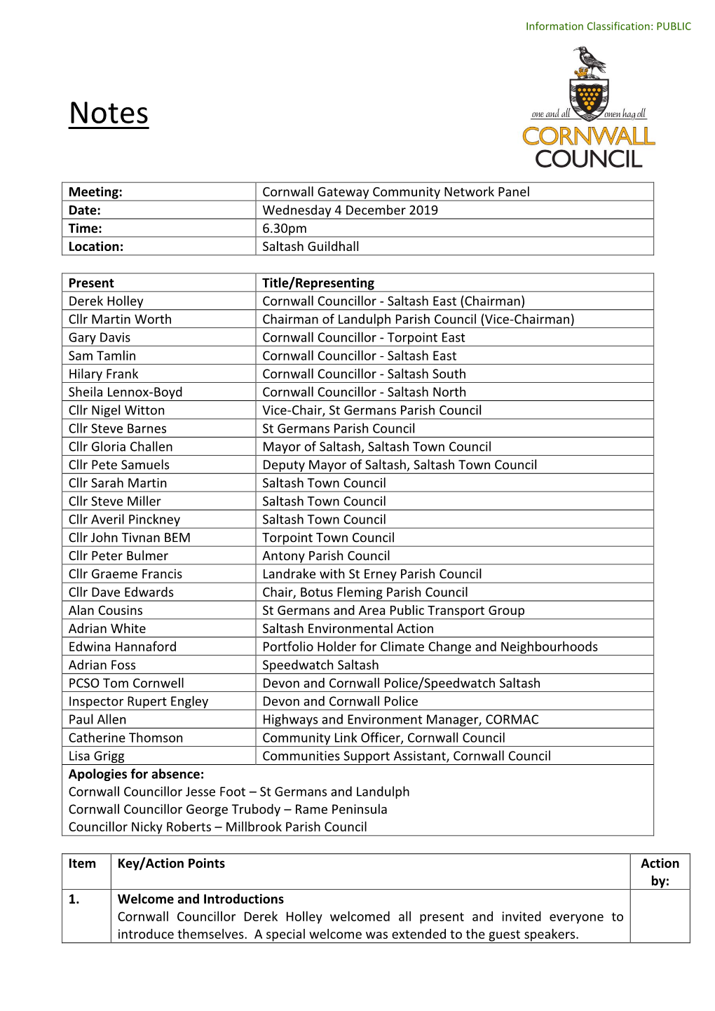 Meeting: Cornwall Gateway Community Network Panel Date: Wednesday 4 December 2019 Time: 6.30Pm Location: Saltash Guildhall