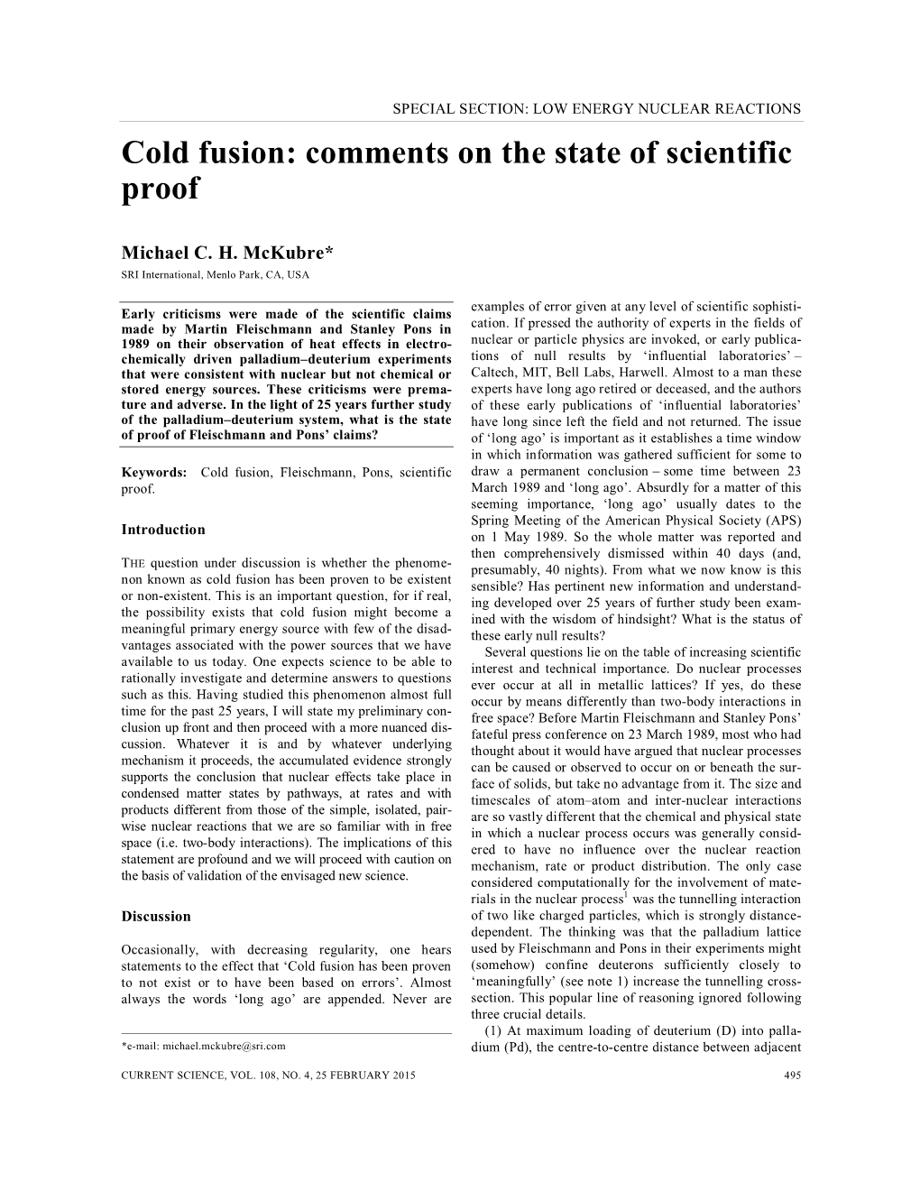 Cold Fusion: Comments on the State of Scientific Proof