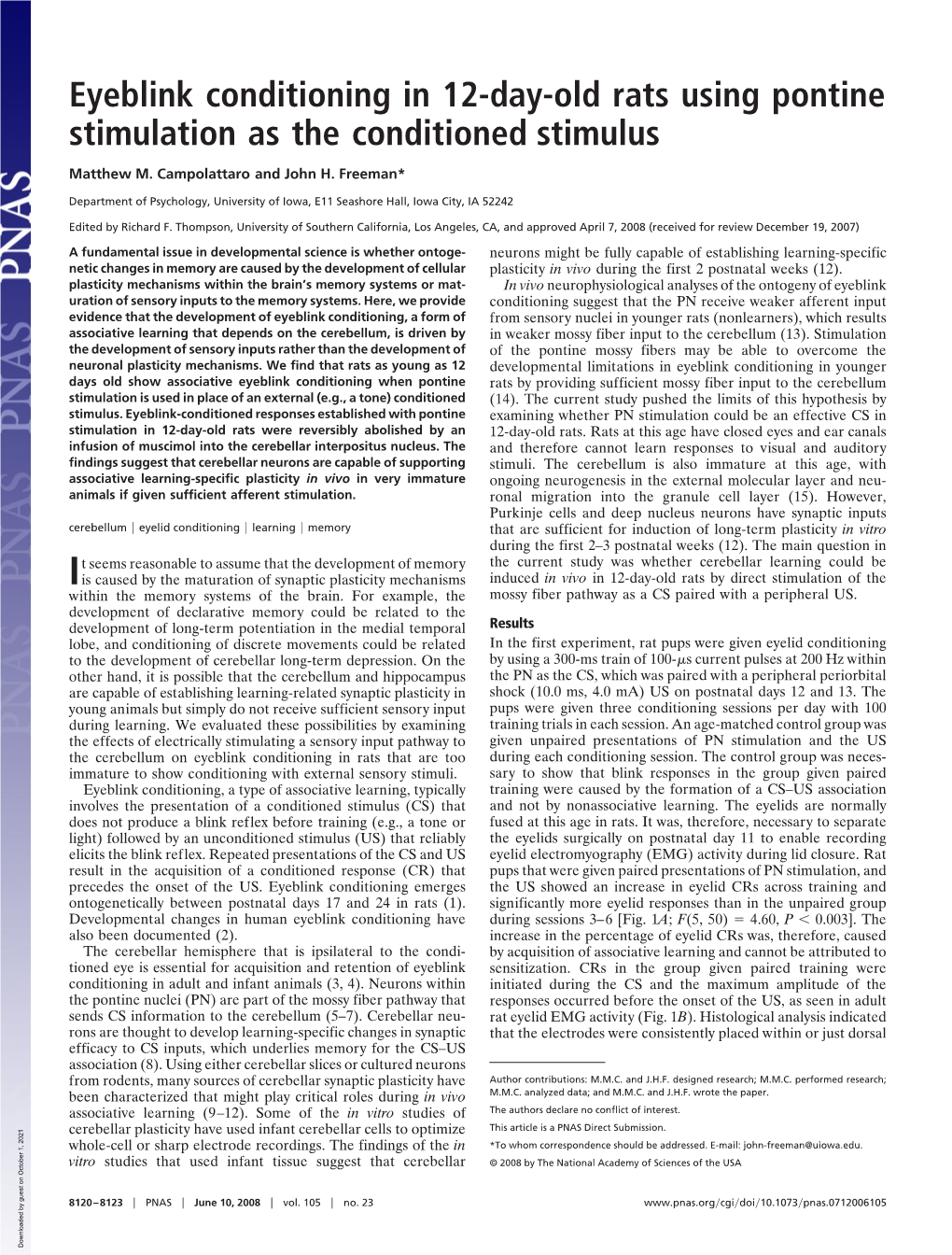 Eyeblink Conditioning in 12-Day-Old Rats Using Pontine Stimulation As the Conditioned Stimulus