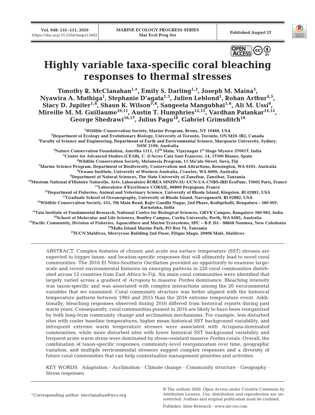 Highly Variable Taxa-Specific Coral Bleaching Responses to Thermal