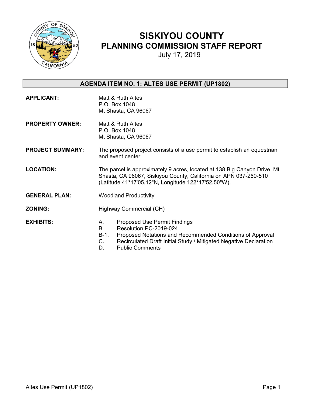 SISKIYOU COUNTY PLANNING COMMISSION STAFF REPORT July 17, 2019